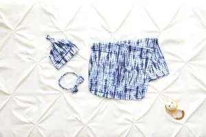 Blue Tie-Dye Baby Swaddle Blanket, Bow Headband & Personalized Hat  Cozy Wrap for Fussy Babies