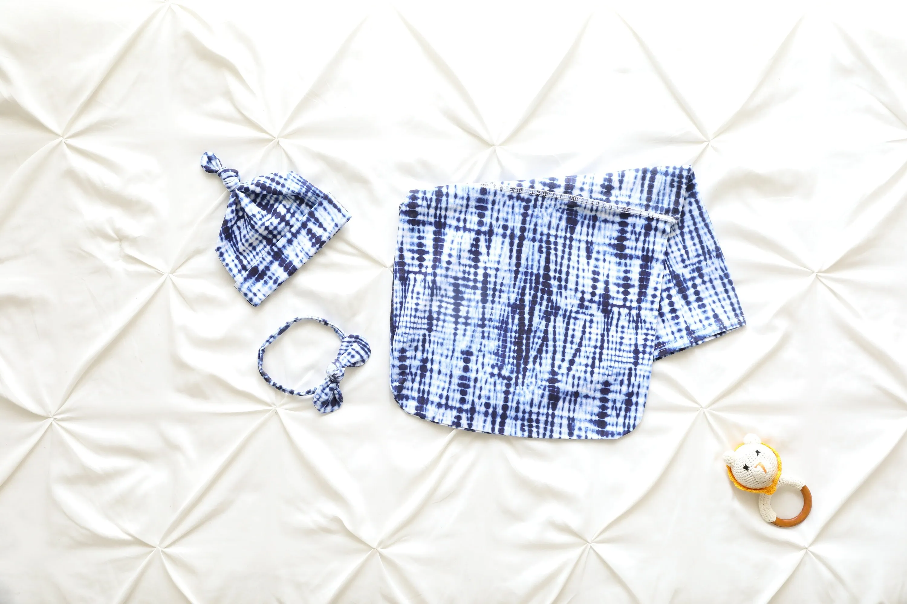 Blue Tie-Dye Baby Swaddle Blanket, Bow Headband & Personalized Hat  Cozy Wrap for Fussy Babies