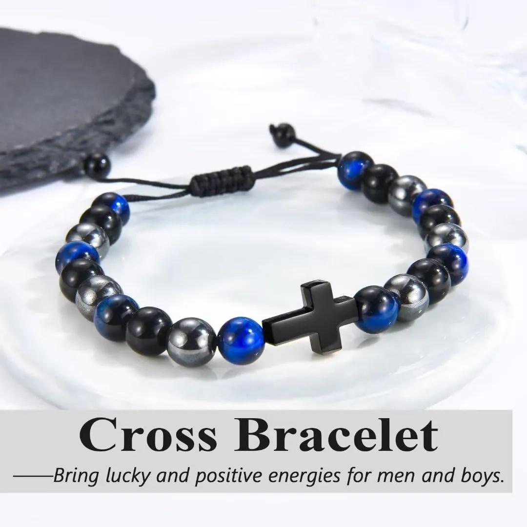 Men Gifts Cross Bracelet Gifts Birthday, Christmas, baptism Anniversary Christian Stone Bracelets For Son, Grandson, Brother, Husband