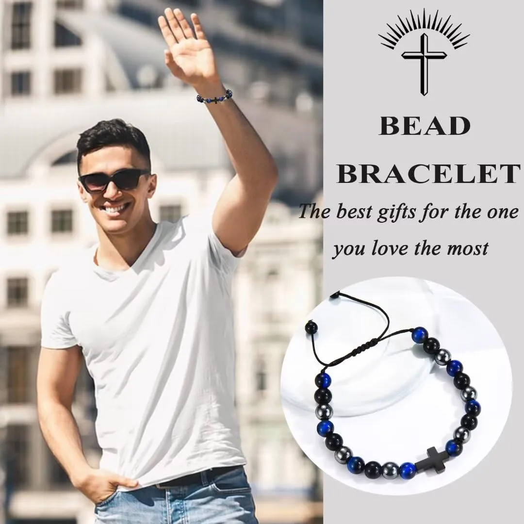 Men Gifts Cross Bracelet Gifts Birthday, Christmas, baptism Anniversary Christian Stone Bracelets For Son, Grandson, Brother, Husband