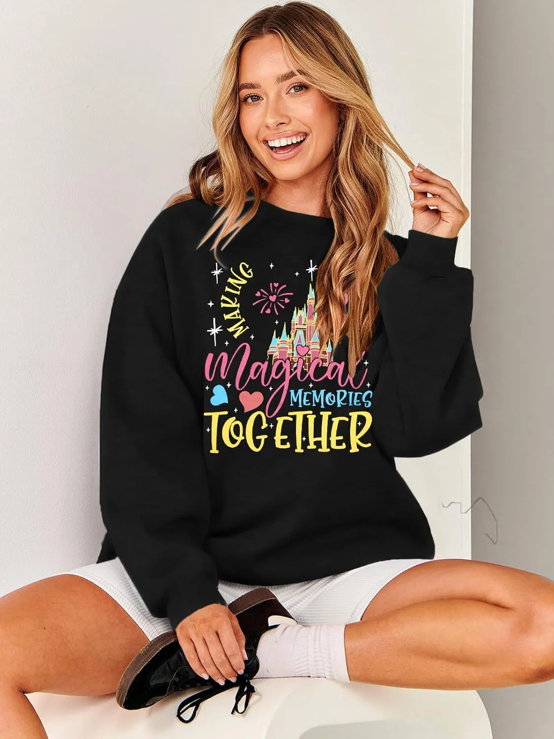 MYHALF Oversized Magic Kingdom Sweatshirts Women: Magical Castle Graphic Shirts Funny Letter Print Long Sleeve Crewneck Tops