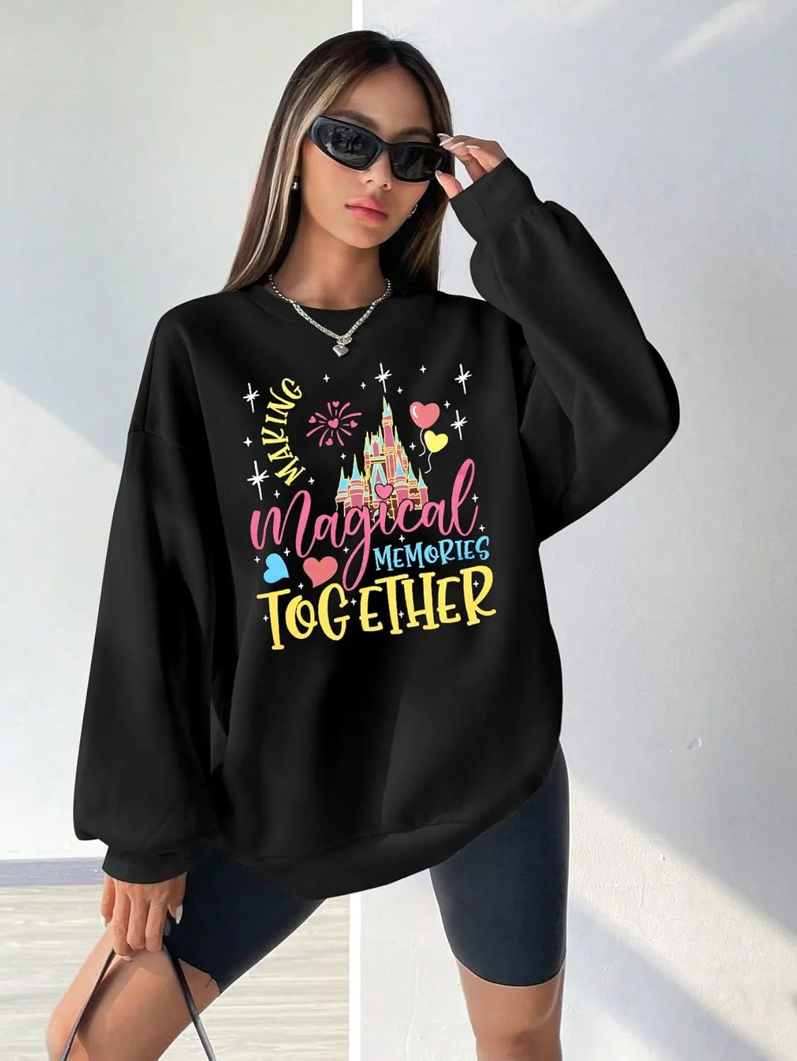 MYHALF Oversized Magic Kingdom Sweatshirts Women: Magical Castle Graphic Shirts Funny Letter Print Long Sleeve Crewneck Tops