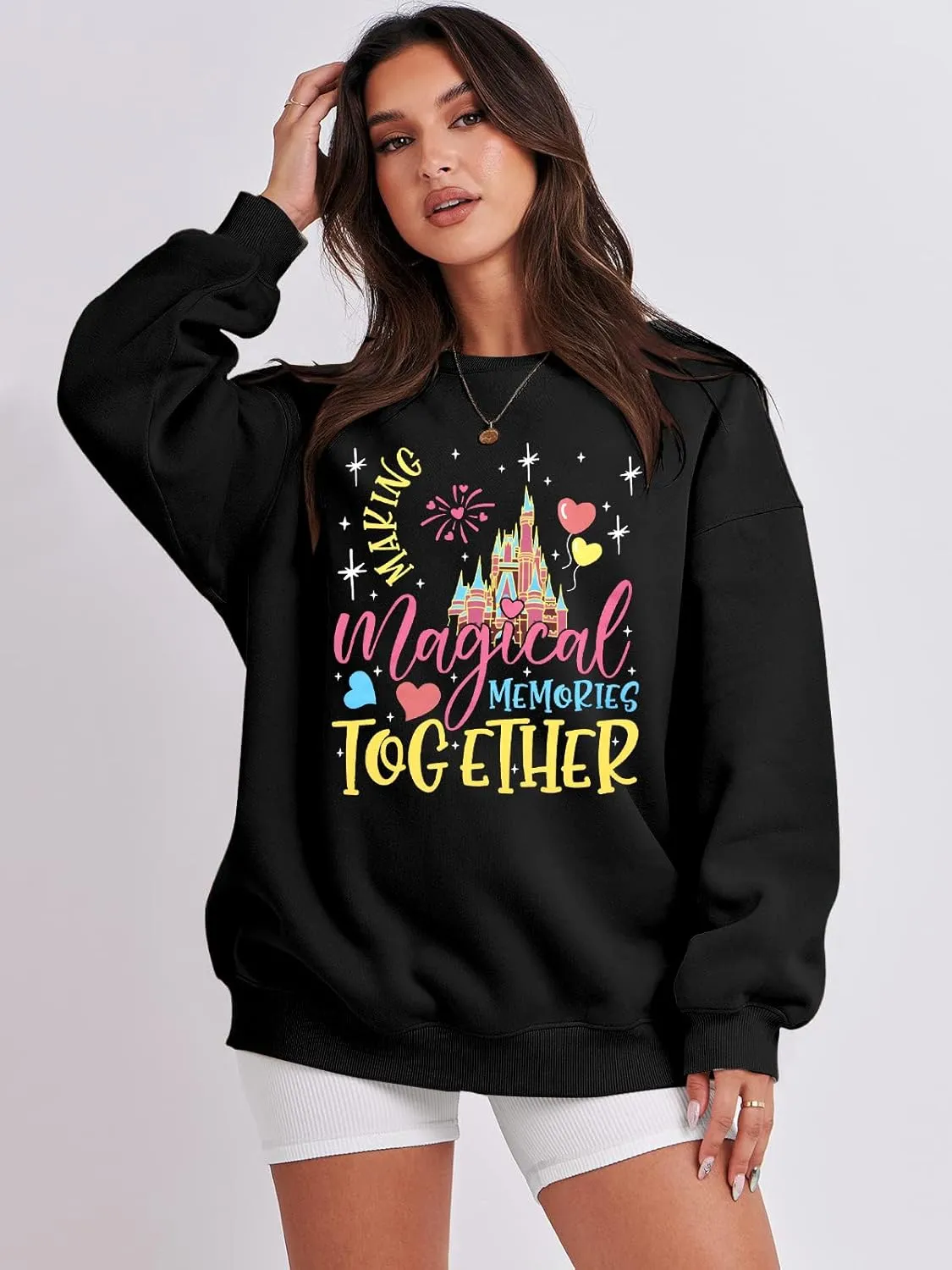 MYHALF Oversized Magic Kingdom Sweatshirts Women: Magical Castle Graphic Shirts Funny Letter Print Long Sleeve Crewneck Tops