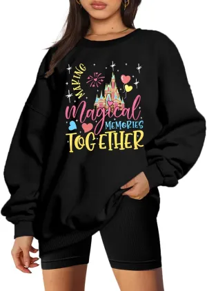 MYHALF Oversized Magic Kingdom Sweatshirts Women: Magical Castle Graphic Shirts Funny Letter Print Long Sleeve Crewneck Tops