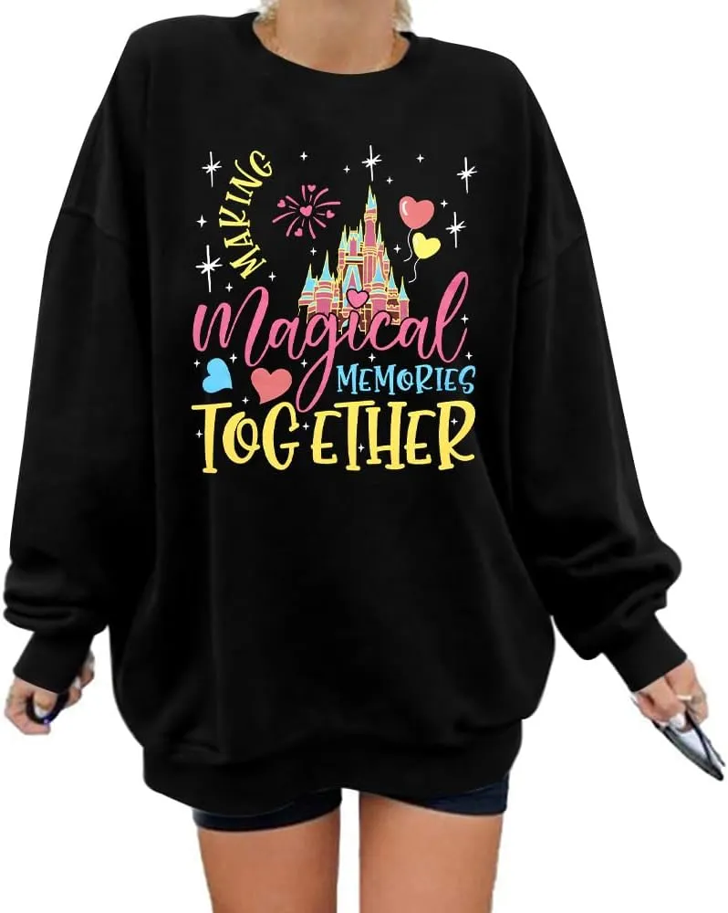 MYHALF Oversized Magic Kingdom Sweatshirts Women: Magical Castle Graphic Shirts Funny Letter Print Long Sleeve Crewneck Tops