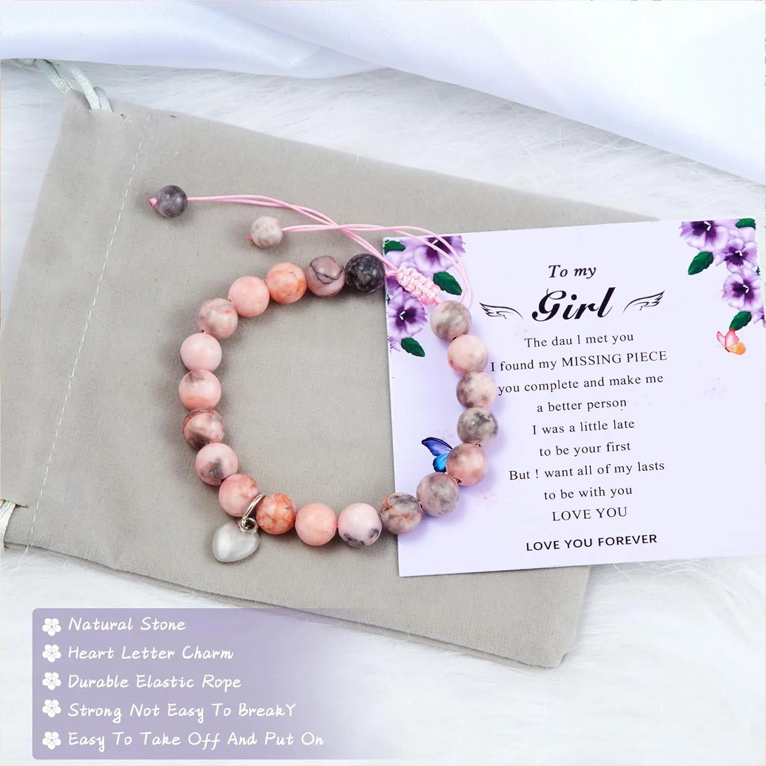 Valentines Romantic Gifts for Girlfriend, Couples Bracelets Natural Stone Bracelets Distance Relationship Gifts for and Girlfriend on Anniversary Couples (Pink 1 pcs)